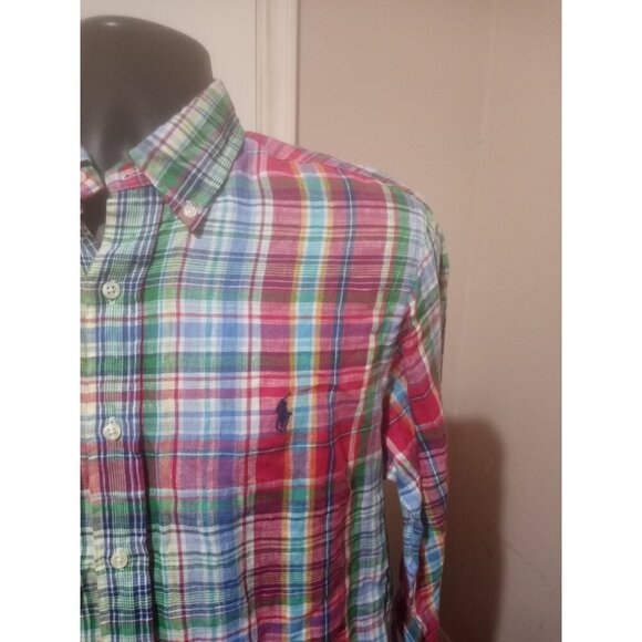 Ralph Lauren Shirt Mens Medium M Madras Plaid Multicolor Button Down 100% Linen - Picture 6 of 14